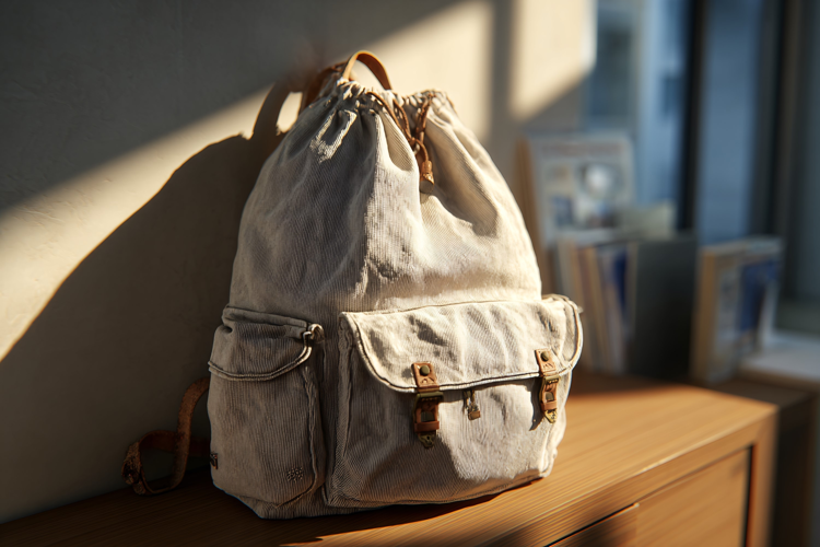 Textured Fabric Backpack on Rustic Wooden Table