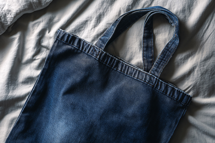 Blue Denim Tote Bag on Bed