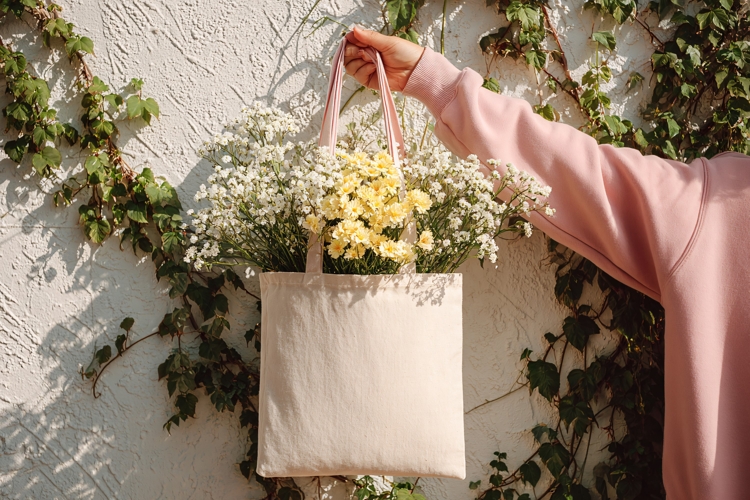 Woman Holding Floral Canvas Tote Bag