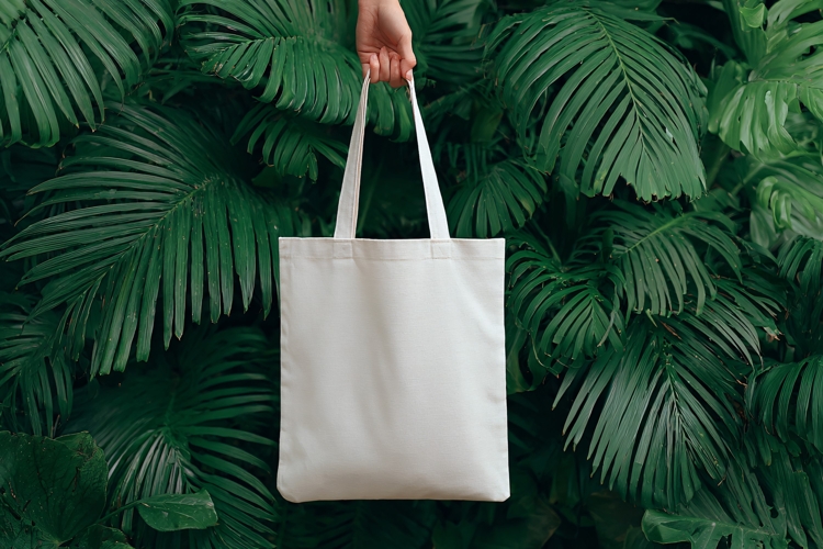 White Tote Bag with Green Leaves