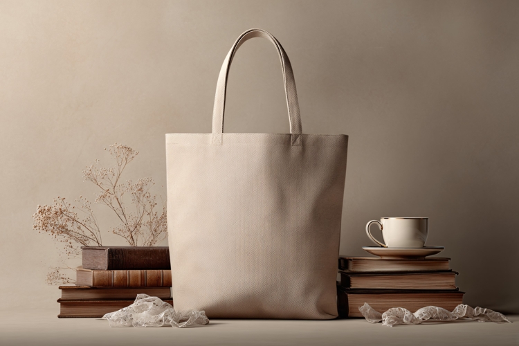 Beige Canvas Tote Bag with Coffee
