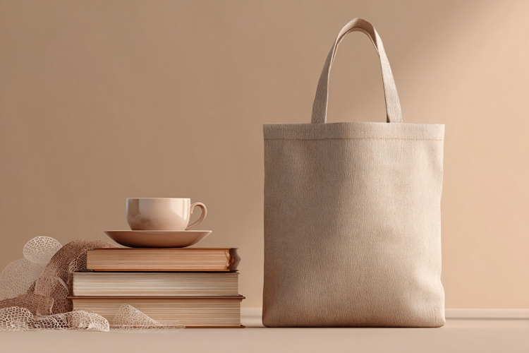 Canvas Tote Bag with Books and Coffee