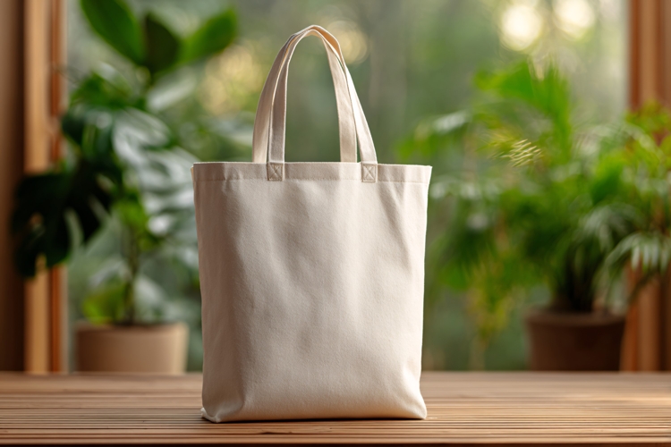 Blank canvas tote bag on wooden table Eco friendly shopping