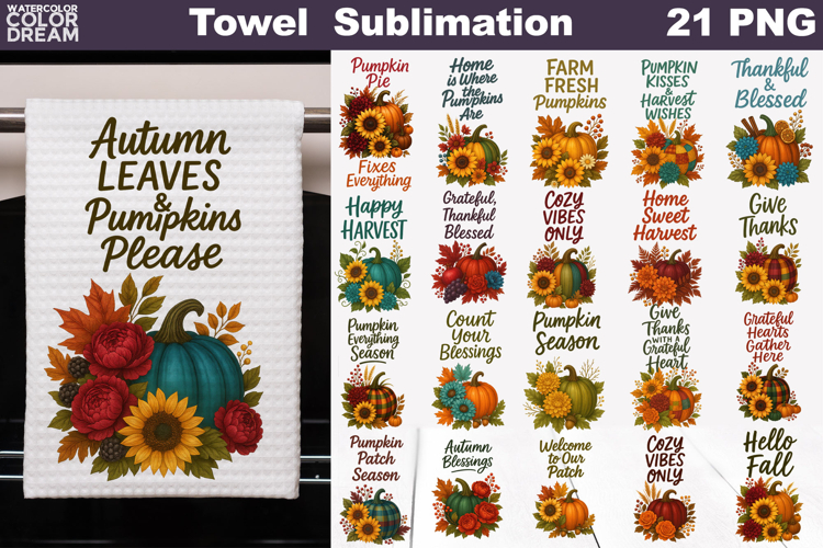 Pumpkin Floral Towel Bundle | Thanksgiving Sublimation