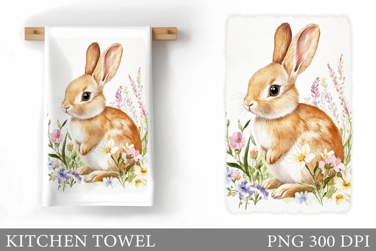 Cute Bunny Kitchen Towel. Flowers Kitchen Towel Sublimation example image 1