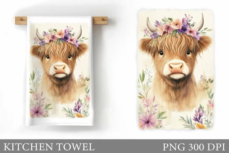 Highland Cow Kitchen Towel. Cow Flowers Kitchen Towel Design