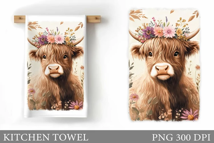 Highland Cow Kitchen Towel. Cow Flowers Kitchen Towel Design
