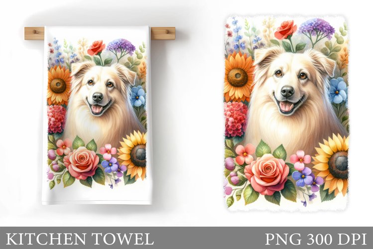 Cute Dog Kitchen Towel. Dog Flowers Kitchen Towel