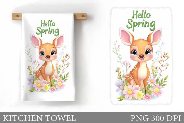 Spring Deer Kitchen Towel. Cow Flowers Kitchen Towel Design