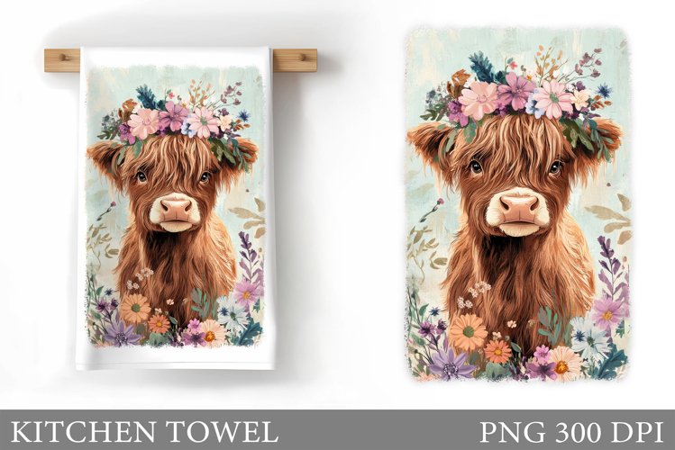 Highland Cow Kitchen Towel. Cow Flowers Kitchen Towel Design example image 1