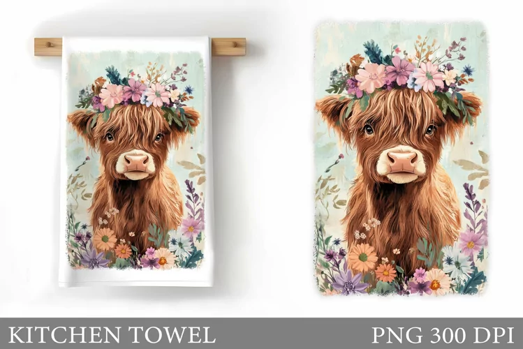 Highland Cow Kitchen Towel. Cow Flowers Kitchen Towel Design