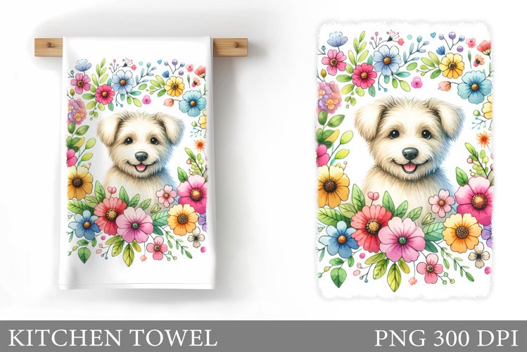 Cute Dog Kitchen Towel. Dog Flowers Kitchen Towel