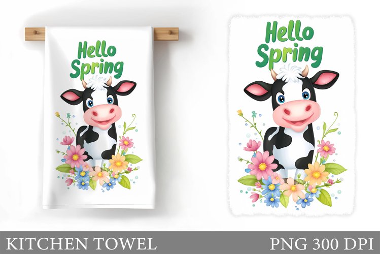 Spring Cow Kitchen Towel. Cow Flowers Kitchen Towel Design