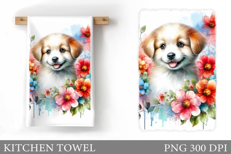 Cute Dog Kitchen Towel. Dog Flowers Kitchen Towel