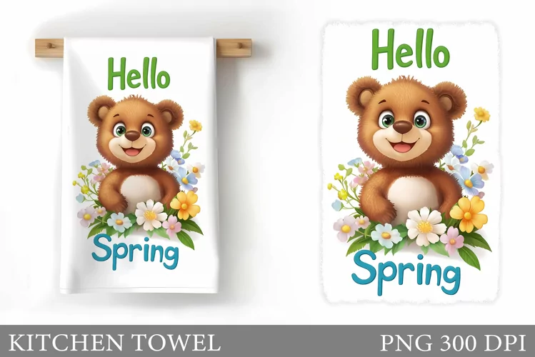 Spring Bear Kitchen Towel. Cow Flowers Kitchen Towel Design