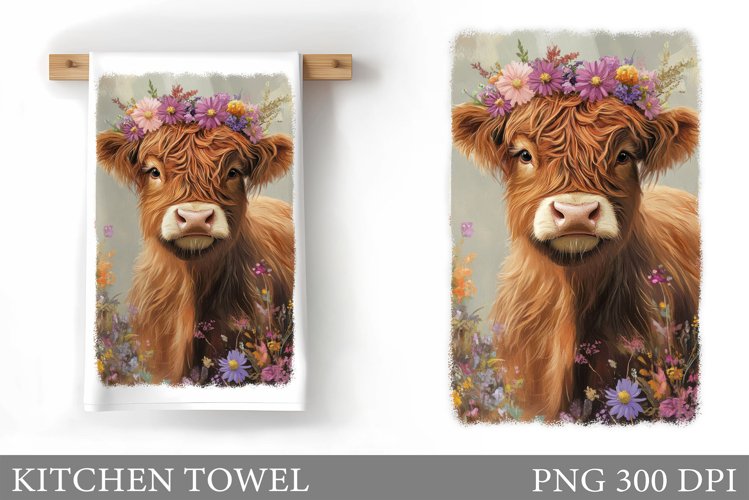 Highland Cow Kitchen Towel. Cow Flowers Kitchen Towel Design