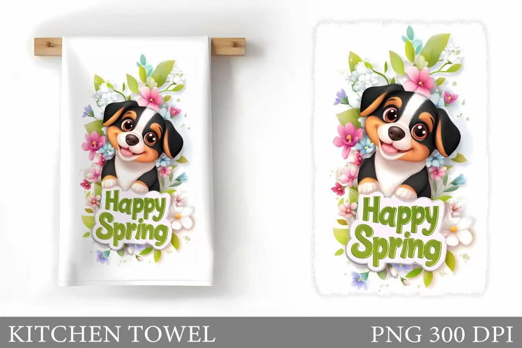 Spring Dog Kitchen Towel. Spring Kitchen Towel Design