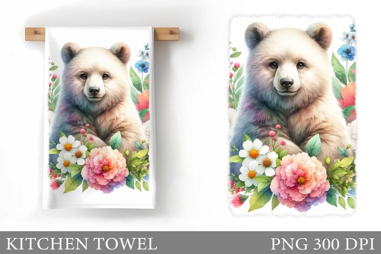 Cute Bear Kitchen Towel. Bear Flowers Kitchen Towel Design