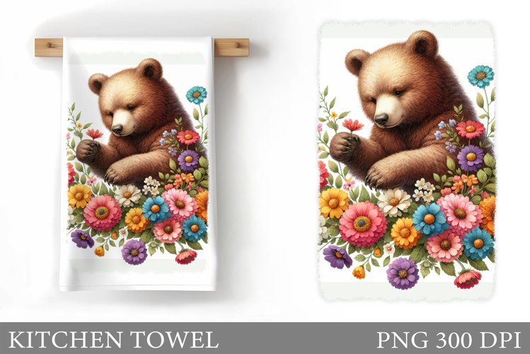 Cute Bear Kitchen Towel. Bear Flowers Kitchen Towel Design