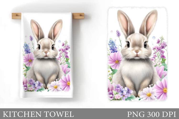 Cute Bunny Kitchen Towel. Bunny Flowers Kitchen Towel Design