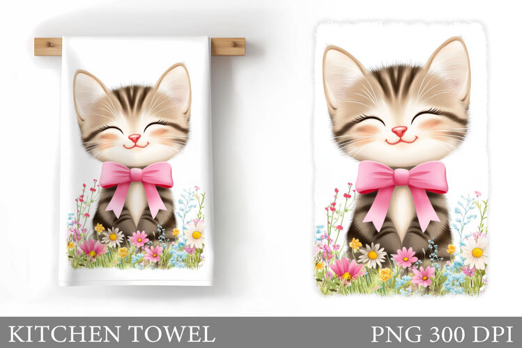 Cute Cat Kitchen Towel. Cat Flowers Kitchen Towel Design example image 1