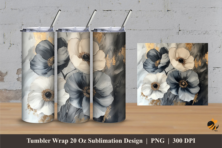 Gray Flowers Tumbler Wrap Sublimation Designs 3