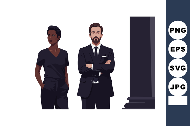 Confident businesswoman and businessman standing near column