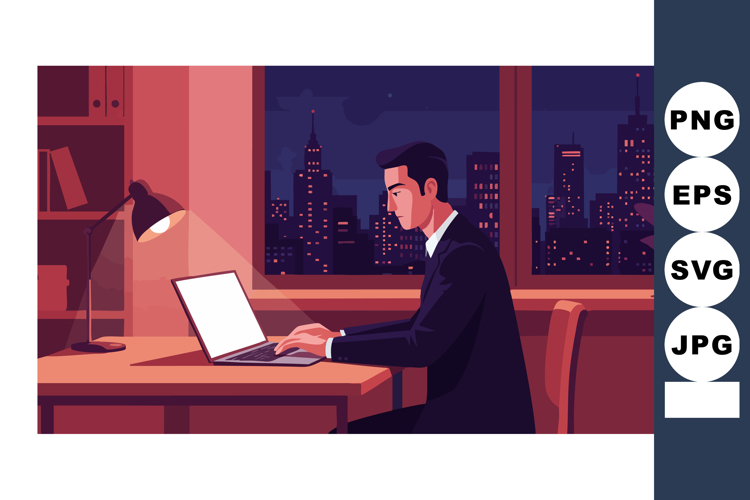 Businessman working late on laptop in modern office with cit