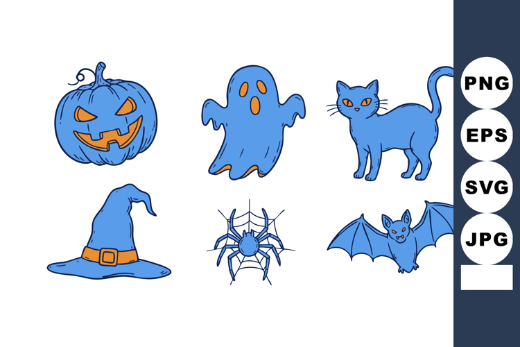 Halloween themed blue vector icons with pumpkin ghost cat wi