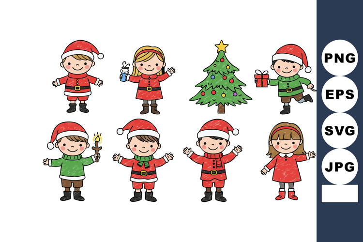 Children dressed in Christmas costumes with decorated tree h