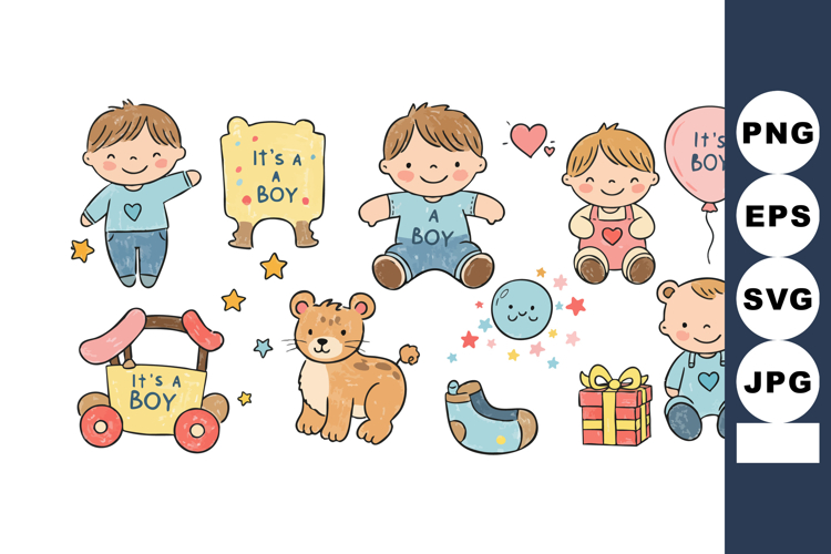 Baby Boy Themed Cute Vector Set with Toys, Gifts, and Decora