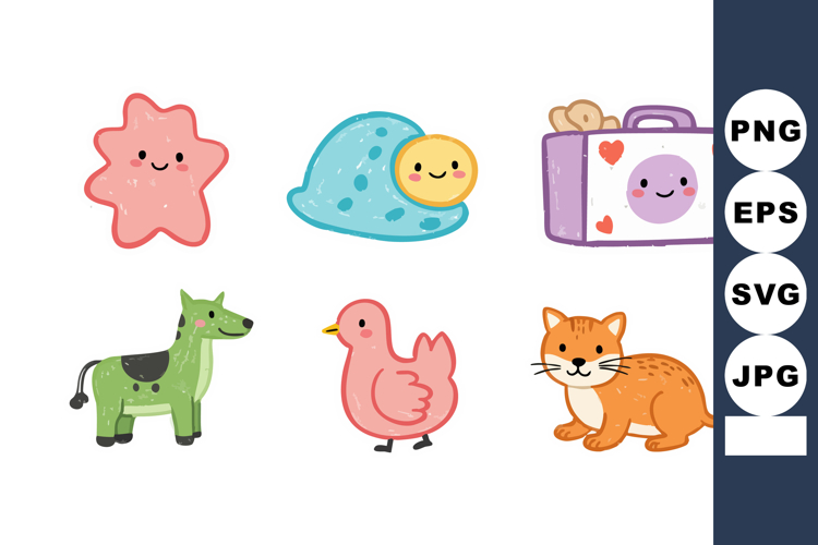 Cute colorful cartoon animals and objects vector set with st