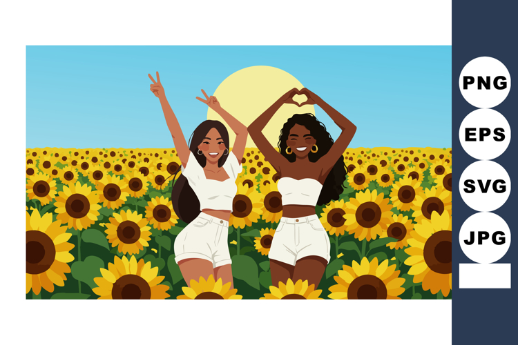 Two happy women dancing and making heart gesture in sunflowe
