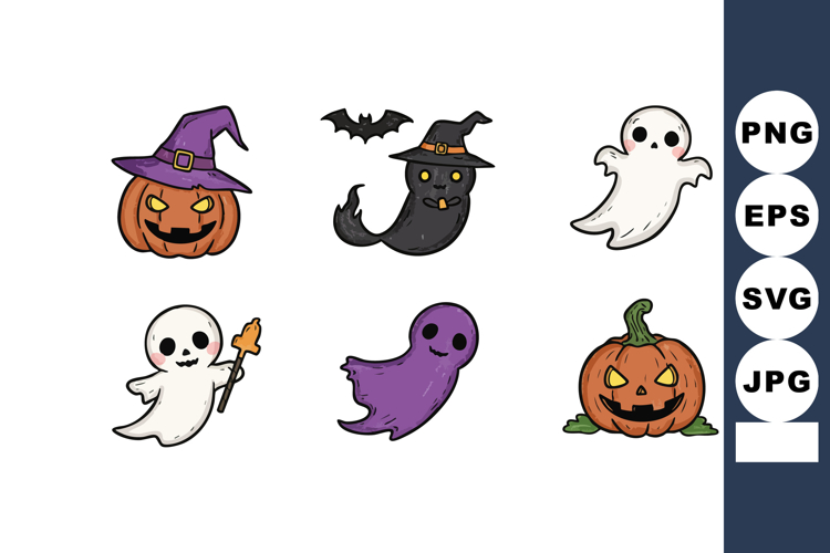 Halloween pumpkin ghosts witch hats spooky bats cute vector
