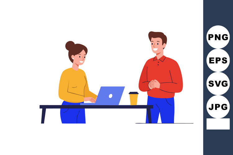 Young woman working on laptop while man standing and talking