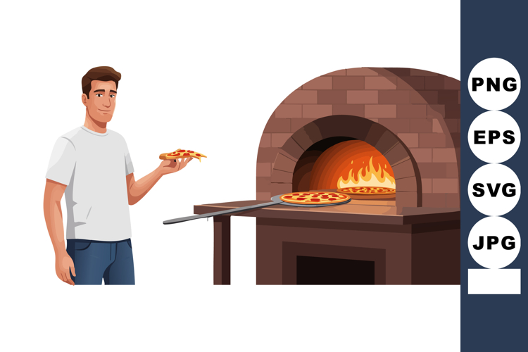 Man baking pizza in traditional brick oven with flames prepa