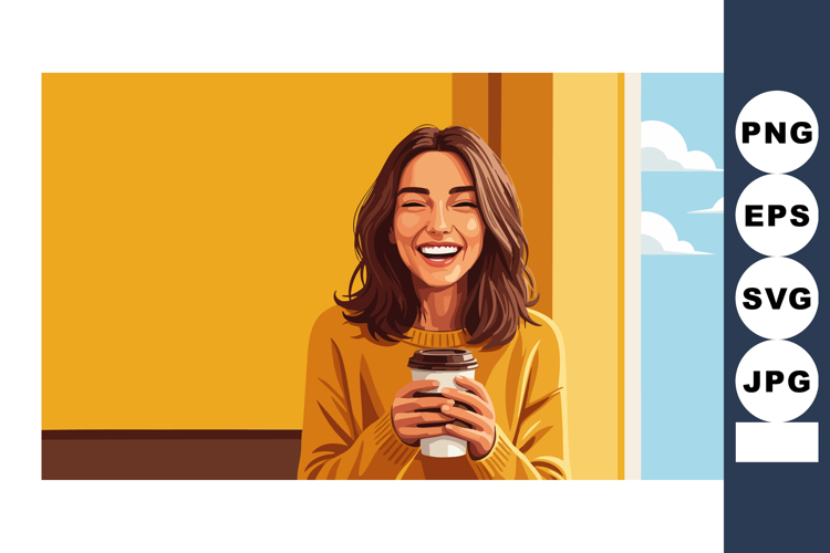 Woman smiling happily holding coffee cup indoors with bright
