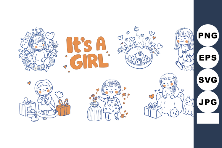 Baby girl arrival announcement vector with cute children and example image 1