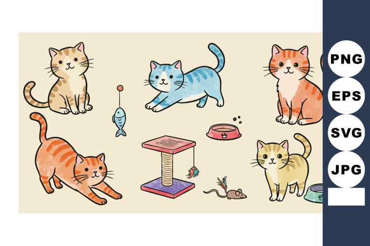 Cartoon playful cats with scratching post and toys vector ar