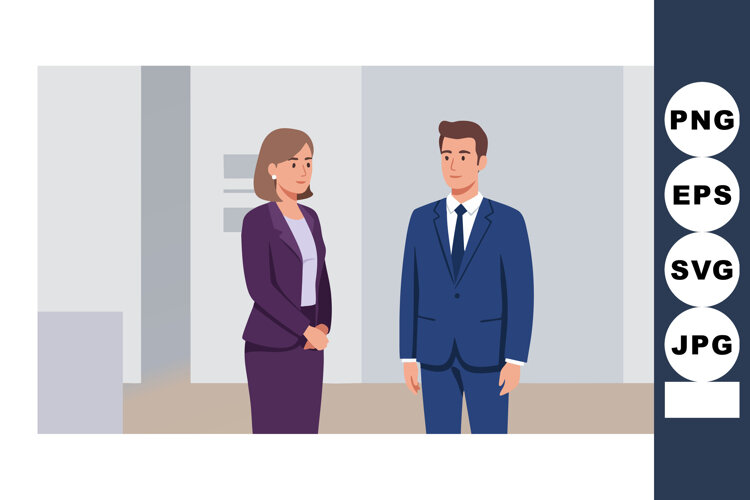 Businessman and businesswoman in professional suits standing example image 1