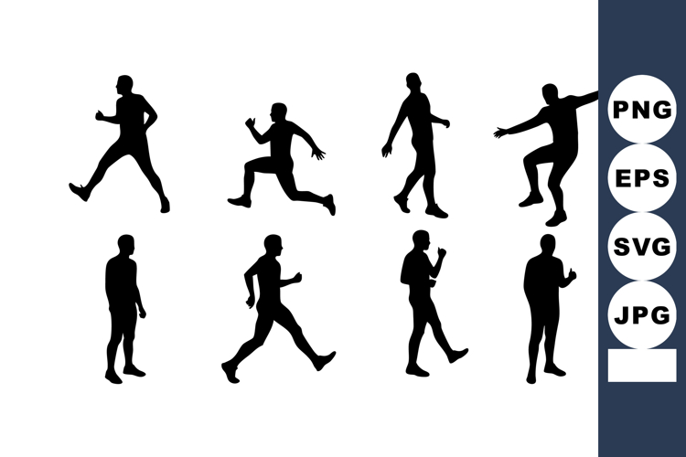 Silhouette Running and Walking Man Vector Set with Diverse P