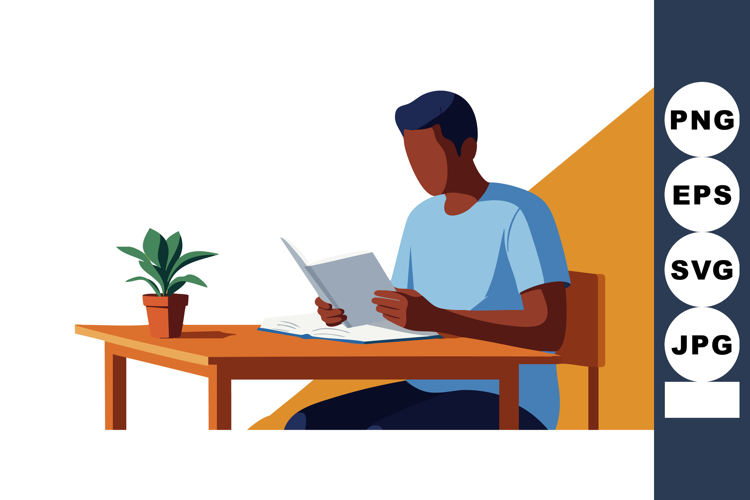 Man Reading Document at Desk with Plant and Modern Shadow De