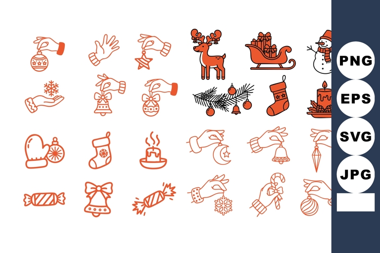 Warm Line Art Christmas Icon Set with Hands and Ornaments