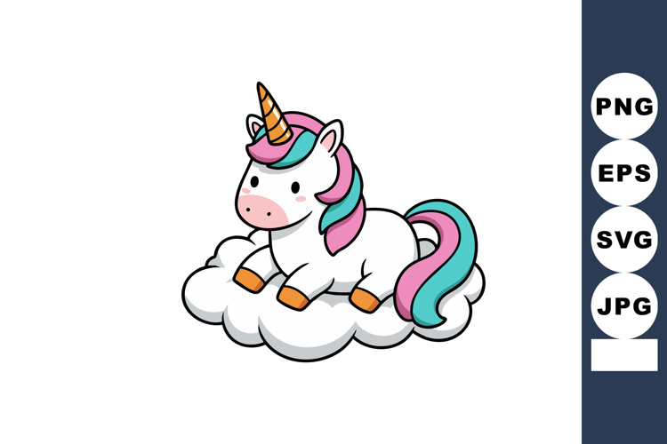 Cute cartoon unicorn with pink purple and blue mane sitting
