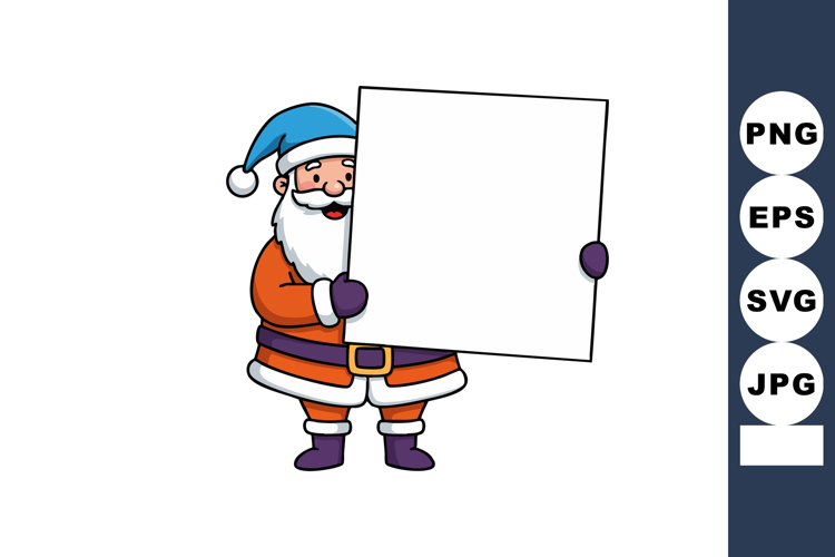 Santa Claus holding blank white sign with blue hat and purpl