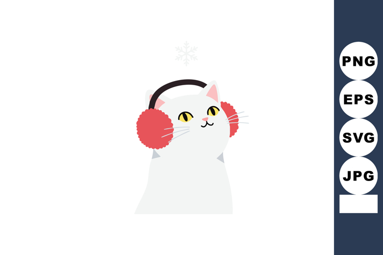 White cat wearing red earmuffs listening to winter sounds wi