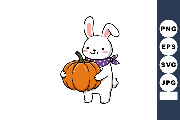 Cute white bunny holding big orange pumpkin with purple polk