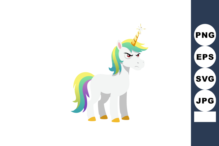Angry unicorn with colorful mane and golden horn fantasy myt