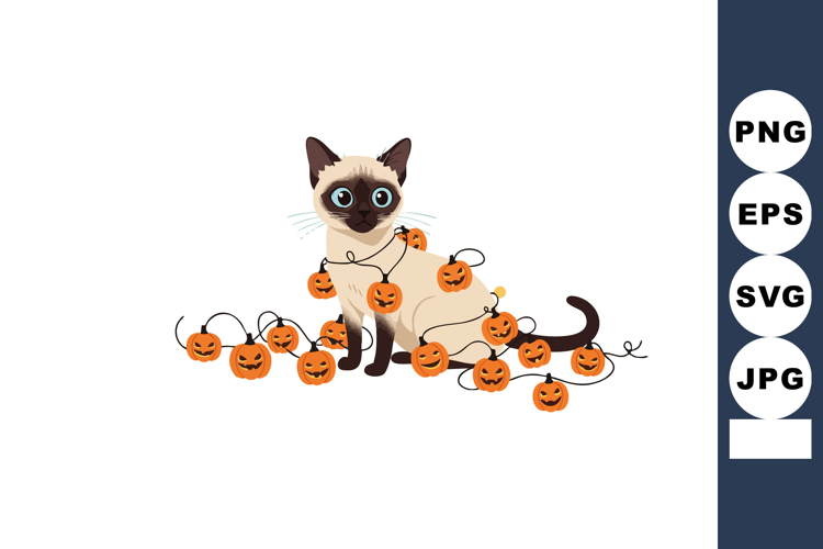 Siamese cat surrounded by Halloween pumpkin lanterns in fest