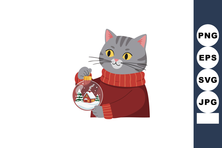 Gray cat wearing red sweater holding snow globe with winter